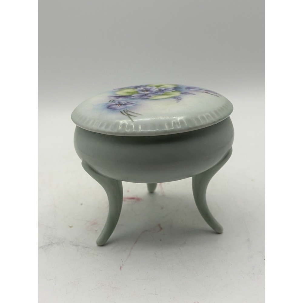 Vintage Hand Painted Porcelain Trinket Box Vanity Jewelry Box on 3 Legs Floral